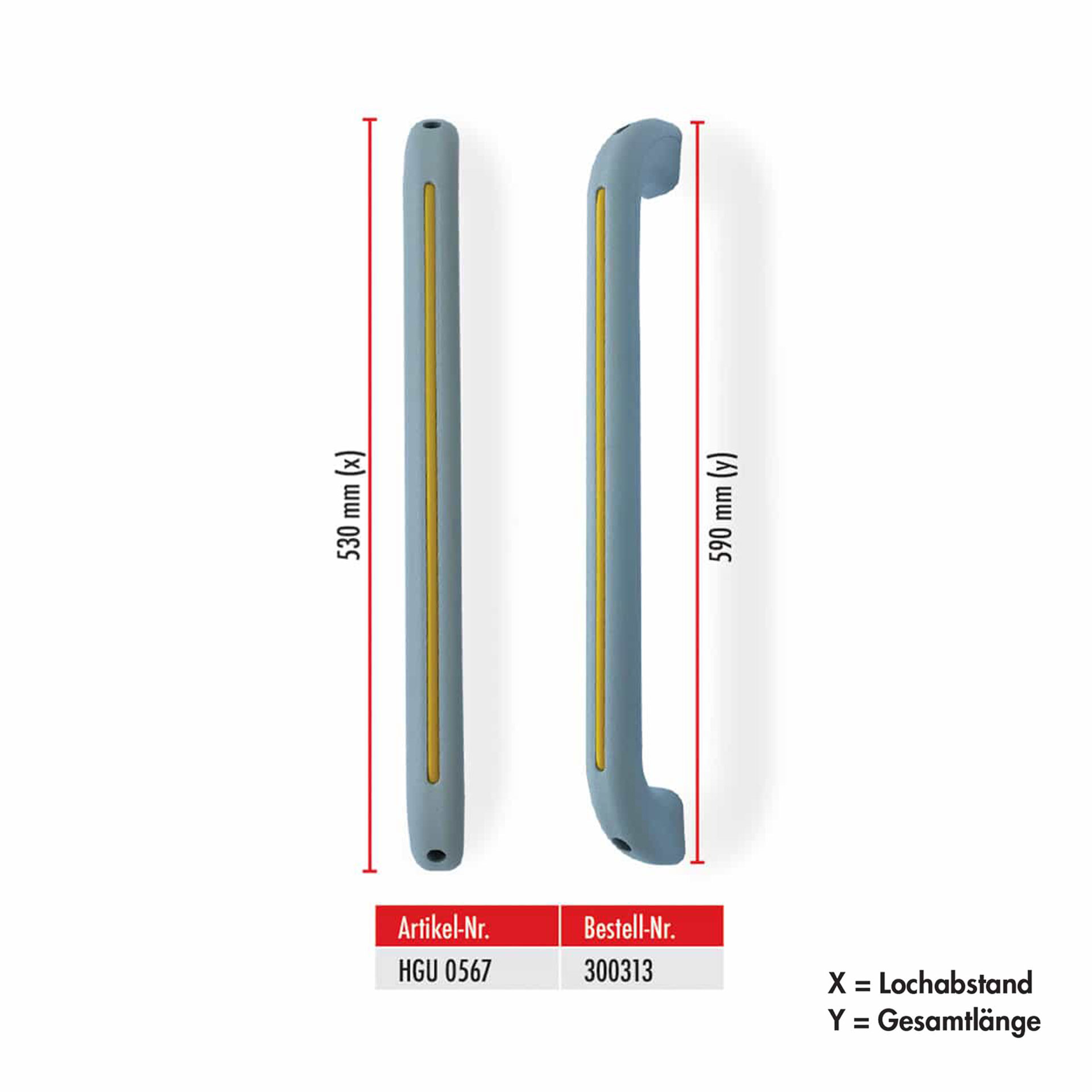 Haltegriffe-HGU-0567-von-AlphaDynamik Serie HGU | Haltegriff - grau mit gelbem Streifen, gerade Ausführung, 590 mm lang