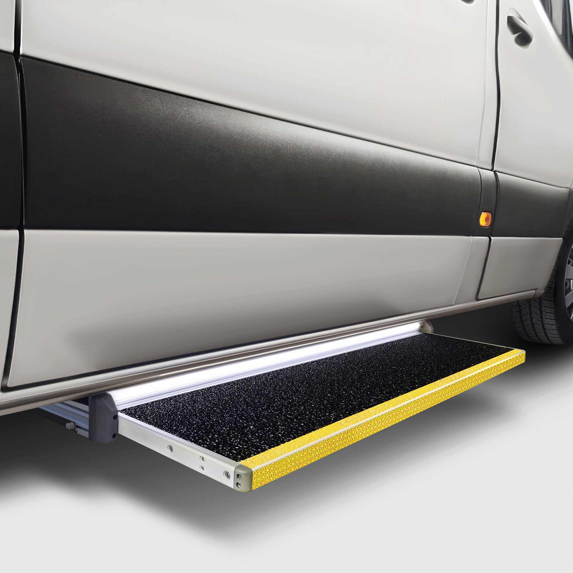 Elektrische Trittstufe für Wohnmobile, Lieferwagen, Transporter - Automatische Kollisionserkennung, Belastungserkennung. Automatischer oder manueller Modus, Stufe und Kassette aus Aluminium