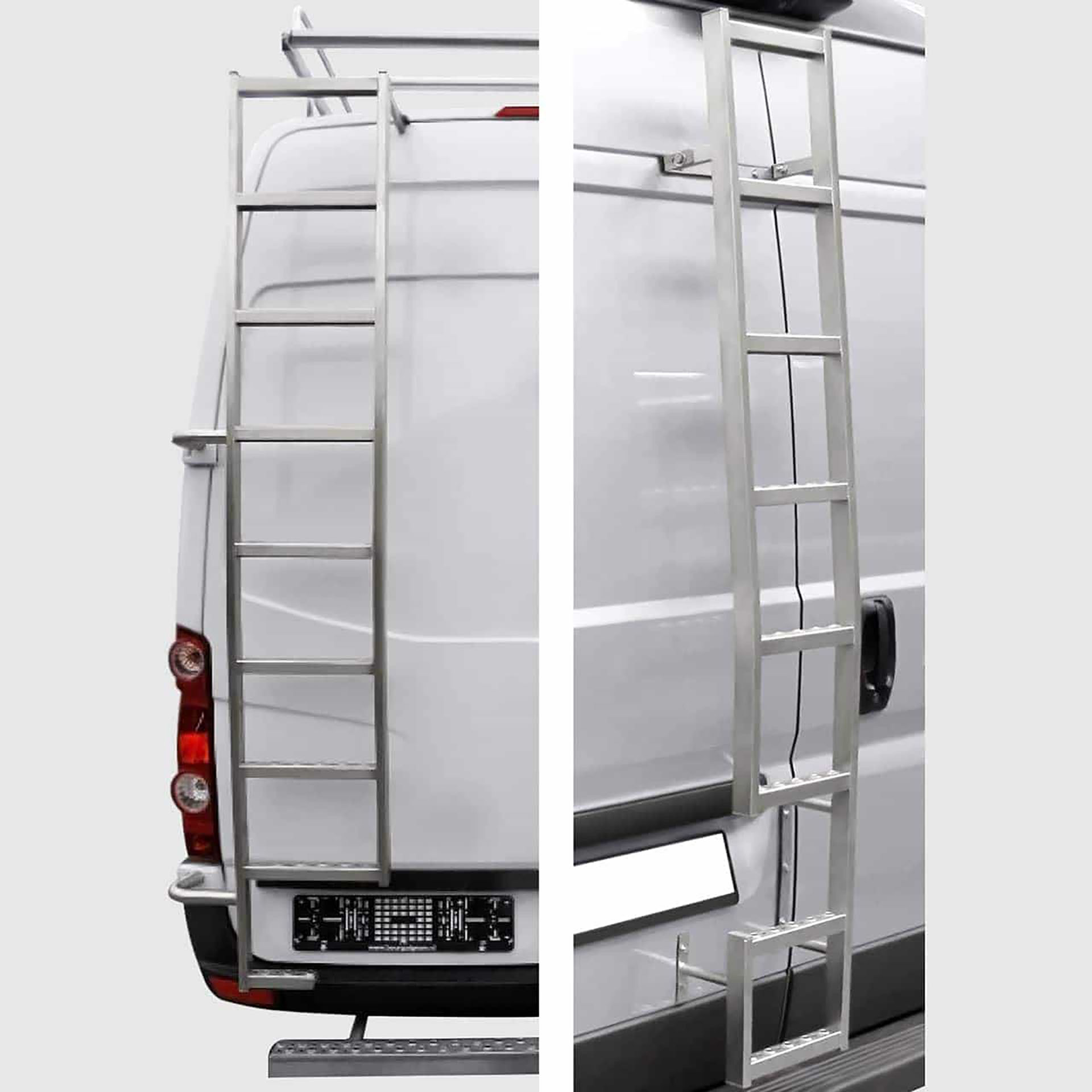 Heckturleiter aus Edelstahl für Transporter Van, Rutschfeste Sprossen für sichere Benutzung, Fahrzeugspezifisch angepasste Form. Serie CTE von AlphaDynamik