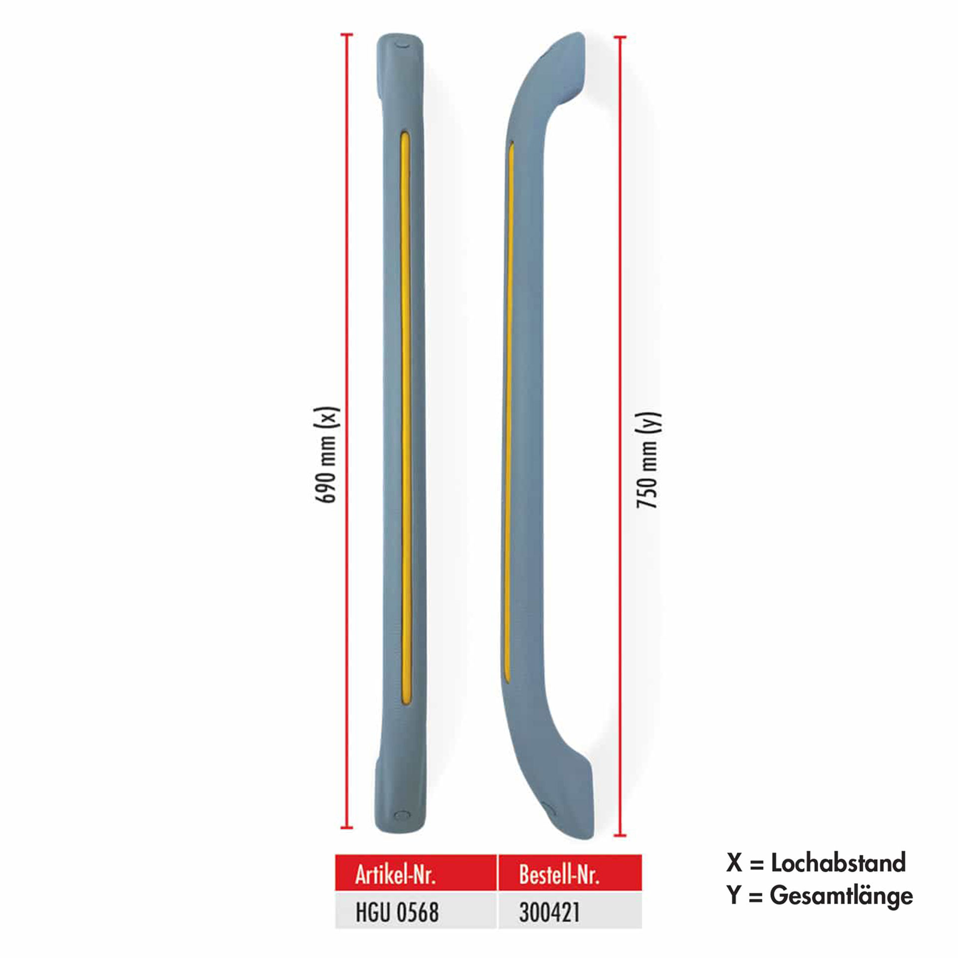 Serie HGU | Haltegriff - grau mit gelbem Streifen, gerade Ausführung, 750 mm lang Serie HGU | Haltegriff - grau mit gelbem Streifen, gerade Ausführung, 750 mm lang