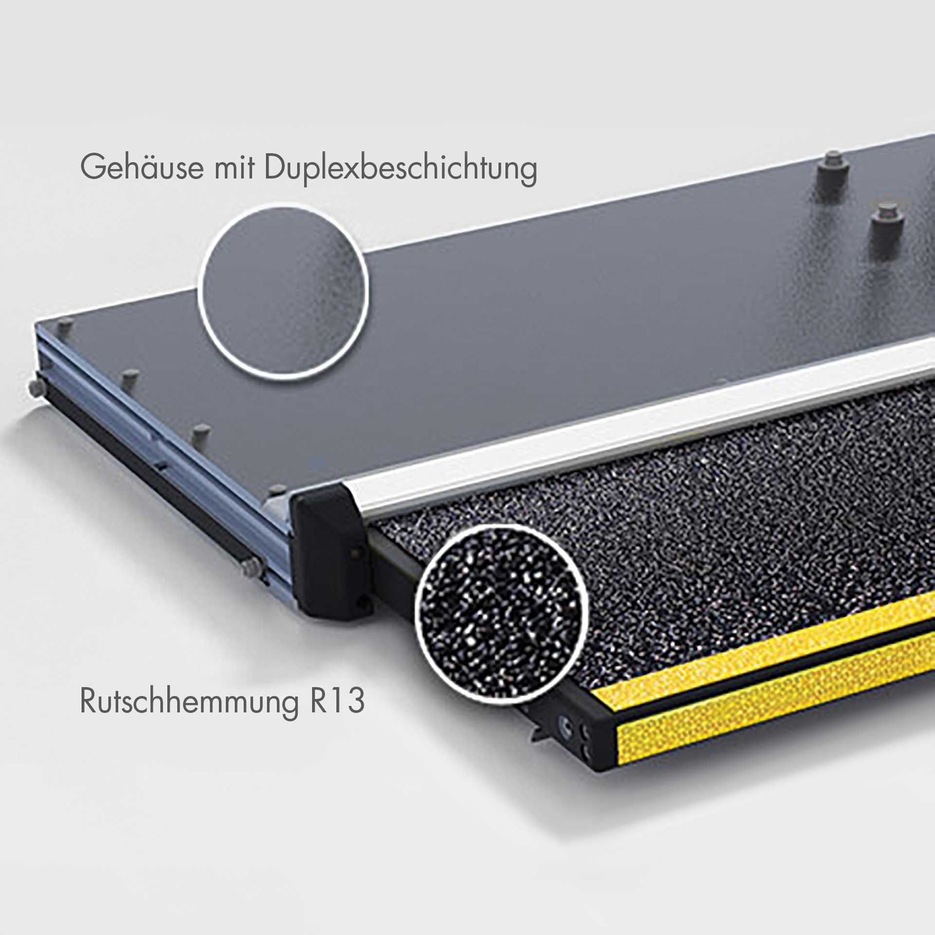 Elektrische Trittstufe für Wohnmobile, Lieferwagen, Transporter, Rutschhemmung R13, Duplexbeschichtetes Gehäuse.  Serie E1 Van Trittstufe AlphaDynamik