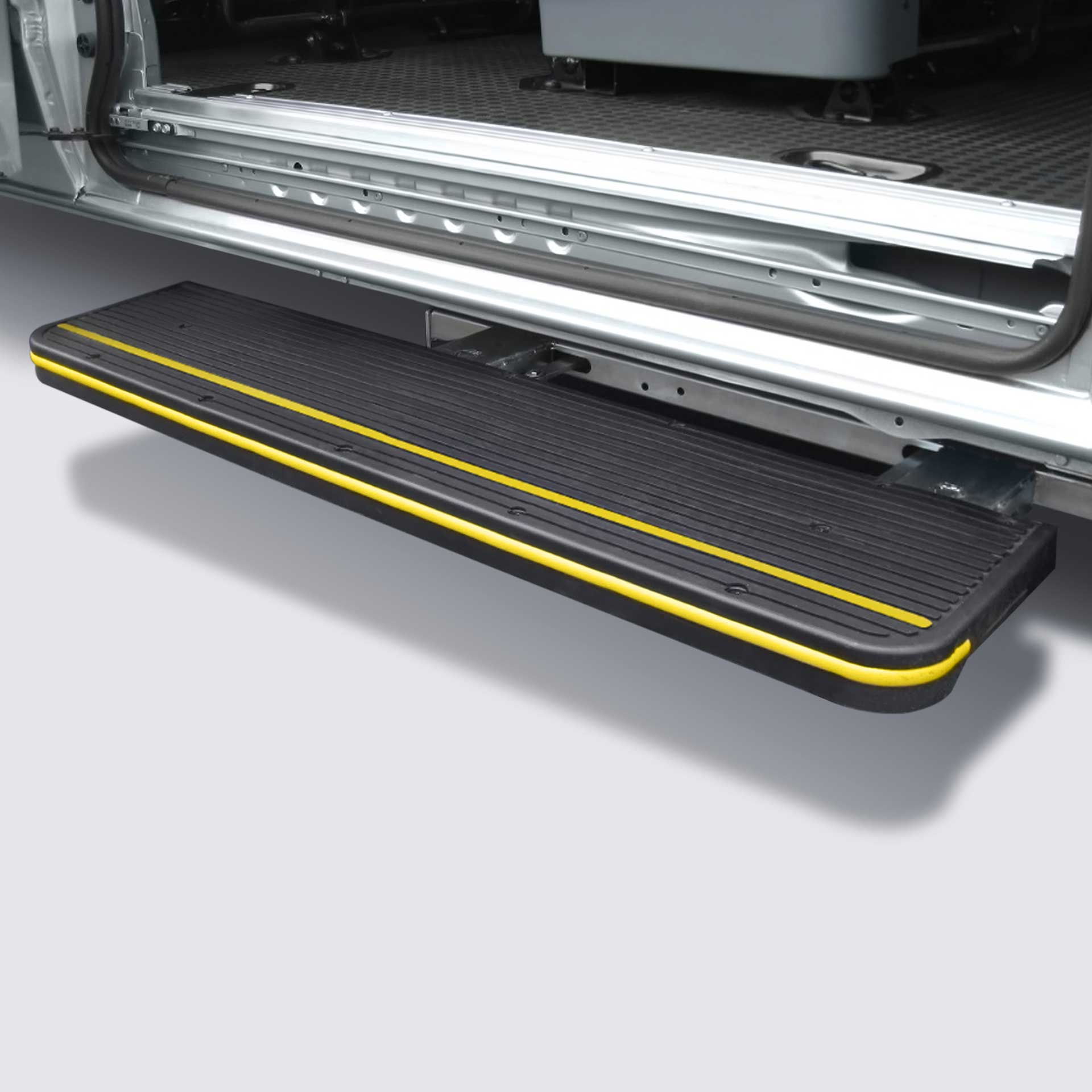 Heavy duty electric swivel side step for Volkswagen, MAN van. Load capacity: 500 kg. Van accessories shop by AlphaDynamik